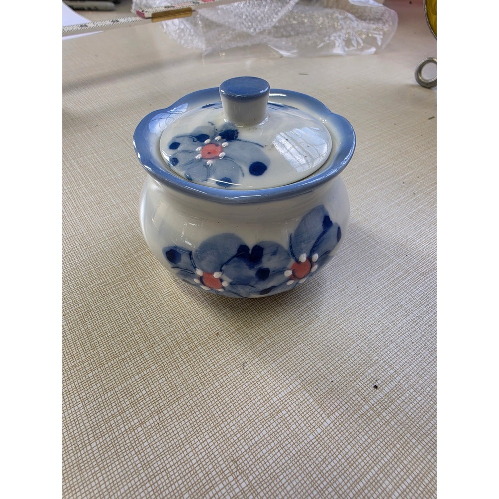 Vintage Ben Rickert Japan Blue Floral Ceramic Lidded Sugar Bowl Jam Jar
